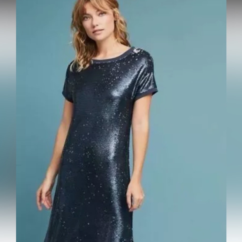Moulinette Soeurs Anthropologie Navy Interstellar Sequin Midi Dress Size…